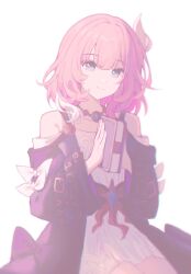 1girl blue_eyes book coat cyrene_(honkai:_star_rail) dress fujishenhai1 hair_ornament hashtag-only_commentary highres holding holding_book honkai:_star_rail honkai_(series) jewelry medium_hair multicolored_hair necklace pink_hair purple_coat simple_background smile solo two-tone_hair white_background white_dress white_hair