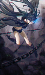Rule 34 | 1girl, absurdres, aqby69, arm cannon, belt, bikini, black coat, black hair, black rock shooter, black rock shooter (character), black shorts, blue eyes, boots, chain, coat, flaming eye, front-tie bikini top, front-tie top, glowing, glowing eye, highres, long hair, open clothes, open coat, pale skin, rock cannon, scar, shorts, swimsuit, twintails, uneven twintails, weapon