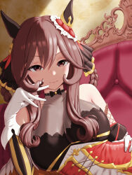 1girl absurdres animal_ears bare_shoulders blush braid braided_hair_rings breasts brown_hair cleavage detached_sleeves ear_covers gentildonna_(umamusume) gloves hair_rings hand_up heart-shaped_ornament heart_ear_ornament highres horse_ears horse_girl large_breasts leaning_to_the_side long_hair looking_at_viewer open_mouth red_eyes see-through_cleavage see-through_clothes sitting_on_throne smile solo throne twirling_hair umamusume white_gloves yamano_boriko