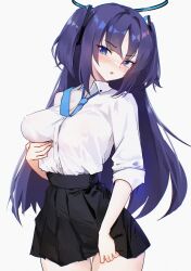 1girl arm_under_breasts black_halo black_skirt blue_archive blue_eyes blue_hair blush breasts commentary covered_erect_nipples cowboy_shot danraz0r hair_ornament halo highres long_hair looking_at_viewer medium_breasts miniskirt open_mouth pleated_skirt shirt shirt_tucked_in skirt sleeves_rolled_up solo thighs triangle_hair_ornament two_side_up white_shirt yuuka_(blue_archive)