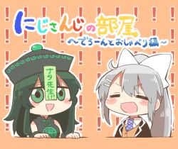 2girls :d black_dress black_hat black_jacket blazer blush_stickers bow brown_background brown_cardigan cardigan character_request chibi china_dress chinese_clothes closed_eyes collared_shirt cropped_torso dress green_eyes green_hair grey_hair hair_between_eyes hair_bow hat higuchi_kaede higuchi_kaede_(1st_costume) jacket multiple_girls necktie nijisanji ofuda open_clothes open_jacket open_mouth plaid_clothes plaid_necktie ponytail purple_necktie qingdai_guanmao rebecca_(keinelove) shirt sleeveless sleeveless_dress smile translation_request upper_body virtual_youtuber white_bow white_shirt