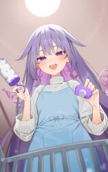 1girl absurdres alternate_costume aotake_iro apron blue_apron blurry blurry_background center-flap_bangs colored_inner_hair depth_of_field double-parted_bangs gem gradient_hair grey_hair hair_flaps hands_up highres hololive hololive_english indoors jewel_under_eye koseki_bijou long_hair long_sleeves looking_at_viewer metal_wings multicolored_hair nail_polish open_mouth pov purple_eyes purple_gemstone purple_hair purple_nails ribbed_sweater sidelocks solo sweater turtleneck turtleneck_sweater very_long_hair virtual_youtuber white_sweater