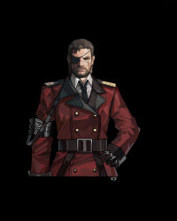 Rule 34 | 1boy, armband, belt, belt buckle, billbill123, black armband, black background, black necktie, brown hair, buckle, buttons, collared shirt, commander (girls&#039; frontline), double-breasted, eyepatch, facial hair, girls&#039; frontline, griffin &amp; kryuger logo, griffin &amp; kryuger military uniform, hand on own hip, horns, looking at viewer, metal gear (series), metal gear solid v: the phantom pain, military uniform, multiple scars, necktie, scar, scar on face, shirt, simple background, single horn, solo, venom snake