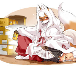 1boy 1girl beer_can black_hair body_fur box braid can claws commentary_request drink_can drooling drunk fox_girl full_body furry furry_female glasses hakama hakama_pants hand_fan holding holding_fan japanese_clothes kikurage_(crayon_arts) kimono long_hair looking_at_viewer miko mouth_drool orange_eyes orange_fur original pants paper_fan tail white_hair white_kimono wooden_floor