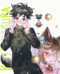Rule 34 | 1boy, 1girl, adjusting eyewear, animal ear fluff, animal ears, ayase momo, ball, black choker, black hair, black jacket, black pants, blush, bow, bowtie, brown hair, character name, choker, cowboy shot, crossed bangs, dandadan, de557777, dog ears, dog tail, gakuran, glasses, gold buttons, hair between eyes, hand to own mouth, jacket, kemonomimi mode, pants, parted lips, red bow, red bowtie, red pupils, round eyewear, school uniform, short hair, tail, takakura ken (dandadan), upper body