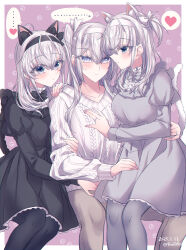 ... 3girls animal_ear_fluff animal_ears black_bow black_dress black_pantyhose blue_eyes blush bow breasts cat_day cat_ears cat_girl cat_tail clone closed_mouth commentary_request dated dress fuyutsuki_(kancolle) girl_sandwich grey_bow grey_dress grey_hair grey_pantyhose hair_between_eyes hair_bow heart highres jewelry kabocha_torute kantai_collection kemonomimi_mode long_hair long_sleeves multiple_girls pantyhose paw_print ring sandwiched sitting spoken_ellipsis spoken_heart suzutsuki_(kancolle) sweat sweater tail twitter_username very_long_hair wedding_ring white_bow white_sweater yuri