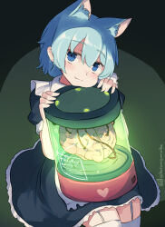 1girl animal_ear_fluff animal_ears apron black_dress blue_eyes blue_hair brain closed_mouth dress frilled_apron frills garter_straps glowing green_background hair_between_eyes hands_up heart kuromiya maid maid_apron misskey.io murakami-san_(misskey.io) one-hour_drawing_challenge puffy_short_sleeves puffy_sleeves short_sleeves smile solo thighhighs twitter_username white_apron white_thighhighs