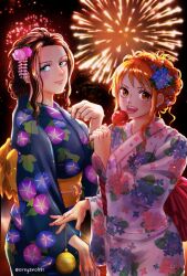 Rule 34 | 2girls, black hair, blue eyes, commentary, cowboy shot, eating, english commentary, eyelashes, fireworks, flower, hair bun, hair flower, hair ornament, highres, holding, holding candy apple, japanese clothes, kimono, multiple girls, nami (one piece), nico robin, one piece, orange eyes, orange hair, oregano551, sash, sidelocks, smile, twitter username, wide sleeves
