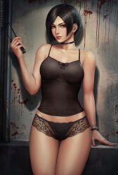 1girl ada_wong bare_shoulders black_hair blush breasts brown_eyes choker female_focus gloves gun highres lingerie looking_at_viewer medium_breasts panties resident_evil resident_evil_2 resident_evil_2_(remake) revision sciamano240 short_hair simple_background solo standing tank_top underwear weapon