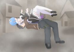 absurdres highres leon_s._kennedy natsuki_subaru re:zero_kara_hajimeru_isekai_seikatsu rem_(re:zero) resident_evil roswaal_mansion_maid_uniform suplex xvzzz