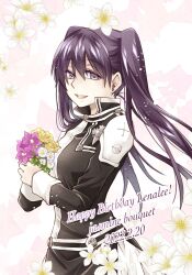 1girl badge belt black_coat black_order_uniform black_skirt coat collared_coat cross d.gray-man earrings floating_hair flower hair_between_eyes happy_birthday highres holding holding_flower jewelry lenalee_lee long_hair looking_at_viewer miniskirt open_mouth pink_background pink_flower purple_eyes purple_hair sha_(846k) skirt smile solo striped_clothes striped_coat striped_skirt stud_earrings twintails two-tone_background white_background white_flower white_stripes yellow_flower