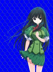 1girl absurdres against_fence black_hair blue_eyes blunt_bangs capelet chain-link_fence fence green_capelet highres long_hair looking_at_viewer necktie red_necktie school_uniform solo takashima_zakuro tsui_no_sora ukairo_4463