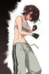 1girl alternate_costume asymmetrical_bangs black_gloves blue_eyes blurry blurry_foreground boxing breasts brown_hair cleavage clenched_hands commentary feet_out_of_frame fingerless_gloves gloves grey_pants grey_sports_bra henriiku_(ahemaru) highres hololive medium_breasts motion_blur navel oozora_subaru pants parted_bangs parted_lips sandbag short_hair simple_background solo sports_bra standing stomach striped_clothes striped_pants sweat sweatpants swept_bangs tomboy toned toned_female vertical-striped_clothes vertical-striped_pants virtual_youtuber white_background