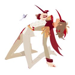 1boy absurdres akechi_gorou brown_hair bug butterfly cape crow_(persona_5) dynamic_pose epaulettes from_side full_body gloves hand_on_floor highres holding holding_mask insect kneeling lapels leaning_back looking_up male_focus mask medium_hair military_uniform pants persona persona_5 red_cape red_mask red_sleeve_cuffs shegnanny shirt solo white_gloves white_pants white_shirt
