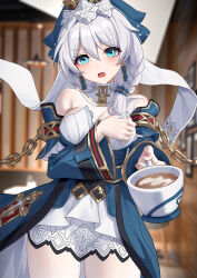 1girl absurdres aged_up blue_dress blue_eyes blue_headdress blurry blurry_background blush braid breasts chinese_commentary commentary_request cowboy_shot cup dress earrings highres holding holding_cup honkai_(series) honkai_impact_3rd indoors jewelry large_breasts looking_at_viewer medium_hair open_mouth skirt solo theresa_apocalypse theresa_apocalypse_(astralop) white_bodystocking white_hair white_skirt wu_ganlan_cai