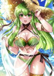 1girl absurdres akimiiiii armlet bikini blush bracelet breasts cleavage criss-cross_halter fire_emblem fire_emblem_echoes:_shadows_of_valentia fire_emblem_heroes flower gluteal_fold green_bikini green_eyes green_hair hair_ornament halterneck hat highres jewelry large_breasts long_hair navel nintendo ocean official_alternate_costume open_mouth outdoors palla_(fire_emblem) palla_(summer)_(fire_emblem) palm_leaf palm_tree sarong see-through_clothes see-through_sarong skindentation small_breasts solo stomach straw_hat sun_hat swimsuit thick_thighs thighlet thighs tree water