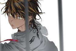 1boy absurdres black_hair chamuring close-up earrings hanemiya_kazutora highres jacket jewelry leaning_forward looking_at_viewer male_focus multicolored_hair parted_lips single_earring streaked_hair tokyo_revengers white_background white_jacket wolf_cut yellow_eyes
