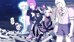3boys 3girls adventure_time afro alternate_form amphibia anisic_lumity anne_boonchuy anne_boonchuy_(calamity_form) armor baseball_cap beard black_fur black_hair black_sclera blonde_hair braces brown_hair charlie_morningstar claws colored_sclera colored_skin dark-skinned_female dark_skin demon_girl demon_horns dipper_pines dog eclipse eyebrow_cut facial_hair fang finn_the_human formal_clothes glowing glowing_hair gravity_falls hat hazbin_hotel highres holding holding_polearm holding_staff holding_sword holding_weapon horns horns_through_headwear horns_through_hood jake_the_dog long_hair lunar_eclipse luz_noceda luz_noceda_(titan) mage_staff mechanical_arms multiple_boys multiple_girls pink_hair pink_skin pointy_ears polearm purple_hair purple_suit red_sclera scar short_hair single_mechanical_arm speech_bubble staff steven_quartz_universe steven_universe suit sword the_owl_house toon_(style) tree_print weapon witch_hat yellow_eyes