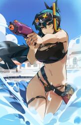 1girl absurdres aotsuki_remia bikini black_bikini blue_hair blue_sky breasts can chest_strap cleavage closed_mouth cloud commentary day english_commentary goggles goggles_on_head green_hair green_streaks high_ponytail highres holding holding_water_gun kuno_(runkunochan) large_breasts long_hair multicolored_hair navel outdoors ponytail pool sky snorkel solo standing streaked_hair swimsuit text_tattoo thigh_strap virtual_youtuber vspo! vspo!_en wading water water_gun wet yellow_eyes