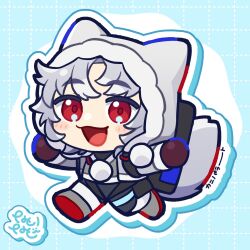 Rule 34 | 1boy, animal ears, arknights, artist name, character name, chibi, chibi only, commentary request, fox boy, fox ears, fox tail, fur-trimmed hood, fur-trimmed jacket, fur trim, hood, hood up, hooded jacket, jacket, looking at viewer, male focus, natori nato, open mouth, qanipalaat (arknights), smile, tail, white jacket