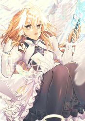 1girl angel_wings black_pantyhose blonde_hair bracelet breasts bridal_gauntlets dress fate/grand_order fate_(series) feathered_wings headpiece highres jeanne_d&#039;arc_(fate) jewelry juliet_sleeves long_hair long_sleeves looking_at_viewer medium_breasts metatron_jeanne_(fate) metatron_jeanne_(third_ascension)_(fate) multiple_wings open_mouth pantyhose puffy_sleeves solo thighs very_long_hair white_dress wings yanaki_(yngaailg) yellow_eyes