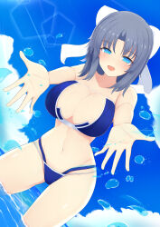 Rule 34 | 1girl, :d, absurdres, bare shoulders, bikini, blue bikini, blue eyes, blush, bow, breasts, cleavage, cloud, cloudy sky, collarbone, day, eyepatch bikini, george (pixiv7099078), grey hair, groin, hair bow, highres, in water, large breasts, medium hair, midriff, navel, ocean, open mouth, outdoors, senran kagura, sky, smile, solo, standing, stomach, swimsuit, thighs, yumi (senran kagura)