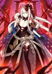 1girl arm_at_side bare_shoulders black_choker black_dress black_gloves black_thighhighs breasts cape choker cleavage closed_mouth clothing_cutout detached_sleeves dress expressionless fate/grand_order fate_(series) feet_out_of_frame fleur-de-lis fleur-de-lis_print floating_hair front_slit fur-trimmed_cape fur_trim game_cg ginka_sima gloves guillotine hair_ornament half_gloves hand_up hoop_skirt large_breasts layered_dress lips long_dress long_hair looking_at_viewer marie_antoinette_(fate) marie_antoinette_alter_(fate) marie_antoinette_alter_(third_ascension)_(fate) official_art plunging_neckline print_cape red_cape short_sleeves sidelocks sleeveless sleeveless_dress solo strapless strapless_dress thighhighs third-party_source two-sided_cape two-sided_fabric underboob_cutout variant_set white_hair yellow_eyes