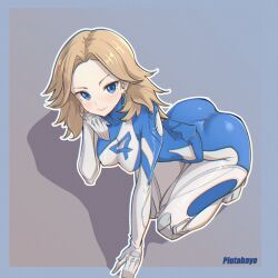 1girl absurdres artist_name ass blonde_hair blue_bodysuit blue_eyes bodysuit breasts closed_mouth commentary earrings full_body grey_background hair_intakes highres hoop_earrings jewelry kneeling long_hair looking_at_viewer marvel marvel_rivals medium_breasts piutahayo simple_background skin_tight smile solo sue_storm two-tone_bodysuit white_bodysuit x-men