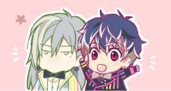 Rule 34 | 2boys, arms up, black bow, black bowtie, black hair, black jacket, bow, bowtie, buttons, chibi, collared jacket, diamond earrings, dress shirt, ear piercing, earrings, expressionless, grey bow, grey bowtie, grey hair, grey shirt, hair between eyes, happy, idolish7, jacket, jewelry, lapels, light blush, long hair, long sleeves, looking ahead, lower teeth only, male focus, messy hair, mole, mole under eye, momo (idolish7), multicolored hair, multiple boys, no mouth, notched lapels, open clothes, open jacket, open mouth, peaked lapels, piercing, pink background, pink eyes, ring, shirt, short hair, simple background, sleeves past wrists, smile, streaked hair, striped clothes, striped jacket, stud earrings, tanemura arina, tareme, teeth, traditional bowtie, upper body, vertical-striped clothes, vertical-striped jacket, white hair, white jacket, white shirt, yuki (idolish7)