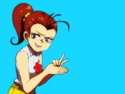 ! !! 1girl animated animated_gif bangs_pinned_back bare_arms bare_shoulders blue_background blue_eyes boutonniere braces brown_hair buck_teeth collared_shirt emphasis_lines eyelashes facing_viewer high_ponytail jcm2 lip_biting looking_at_viewer luan_loud magic_trick motion_lines nickelodeon ponytail red_background scrunchie shirt simple_background skirt sleeveless sleeveless_shirt smile solo standing teeth the_loud_house third-party_edit upper_body white_shirt yellow_scrunchie yellow_skirt