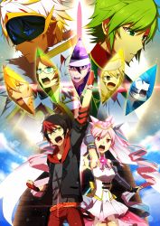 &gt;:o 3girls 6+boys :d :o arceus arm_up belt black_gloves black_hair black_jacket blonde_hair blue_eyes blue_hair blue_sky brown_hair clenched_hands creatures_(company) dark_skin diancie fingerless_gloves fur_trim game_freak gen_2_pokemon gen_4_pokemon gen_6_pokemon gen_7_pokemon glasses gloves green_eyes green_hair hair_ribbon hat highres incineroar jacket ledian legendary_pokemon minior minior_(core) minior_(yellow_core) multicolored_hair multiple_boys multiple_girls mythical_pokemon nintendo nitobira open_mouth personification pink_eyes pink_hair pokemon purple_hair red_belt red_gloves ribbon shouting skirt sky smile sparkle standing twintails two-tone_hair v-shaped_eyebrows visor white_hat white_skirt yellow_eyes