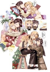 2girls black_footwear black_hairband black_pants blonde_hair brown_coat brown_hair chinese_text closed_mouth coat commentary cuddling cushion english_commentary english_text flower grin hairband hand_on_another&#039;s_head highres hug hug_from_behind kiss kissing_cheek long_hair multiple_girls one_eye_closed open_mouth pants pink_eyes purple_eyes purple_flower purple_shirt qngtidey132830 red_flower red_sweater saijou_claudine shirt shoujo_kageki_revue_starlight simple_background sitting sitting_on_lap sitting_on_person smile speech_bubble sweater tendou_maya translation_request vase white_background white_shirt yellow_shirt yuri