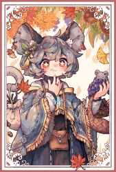 Rule 34 | + +, 1girl, acorn, animal ears, autumn leaves, basket, blue capelet, blush, border, capelet, dress, earrings, eating, food, fruit, grapes, grey capelet, grey hair, highres, holding, holding with tail, jewelry, leaf, long sleeves, mame komari, mouse (animal), mouse ears, mouse girl, mouse tail, mushroom, nazrin, outside border, pendant, prehensile tail, red eyes, ring, shirt, short eyebrows, short hair, skirt, smile, solo, tail, thick eyebrows, touhou, turtleneck, undefined fantastic object, white background