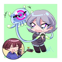 Rule 34 | amanokawa hiro, blue eyes, closed eyes, digimon, digimon (creature), digimon ghost game, higashimitarai kiyoshiro, jellyfish, jellymon, looking at another, pixiv user (40324475), short hair, tentacles, white hair