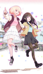 10ttruck 2girls black_boots black_hair black_shoes black_shorts black_socks blonde_hair blue_shirt boots breasts brown_jacket brown_pantyhose commentary_request full_body highres holding_hands inoue_takina jacket long_hair long_sleeves lycoris_recoil medium_breasts midriff_peek multiple_girls nishikigi_chisato open_clothes open_jacket open_mouth outline pantyhose pantyhose_under_shorts pink_outline pink_shirt purple_eyes red_jacket revision shirt shoes short_hair shorts sidelocks skirt socks upper_body white_skirt