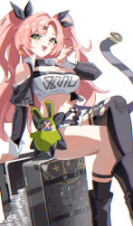 1girl absurdres asymmetrical_legwear black_boots black_socks black_thighhighs boots breasts cleavage commentary crossed_legs green_eyes highres long_hair looking_at_viewer mole mole_on_breast navel nicole_demara open_mouth pink_hair simple_background single_thighhigh sitting smile socks solo stomach thighhighs torn_clothes torn_thighhighs uneven_legwear white_background wuzhihuijia zenless_zone_zero