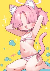 1girl :d animal_ear_fluff animal_ears armpit_crease arms_behind_head artist_name barefoot bikini blue_archive bow bow_choker cat_ears cat_girl cat_tail chlorella_observation_club_member_(blue_archive) chlorella_observation_club_member_(swimsuit)_(blue_archive) choker covered_eyes flat_chest hair_bobbles hair_ornament hair_over_eyes halo highres medium_hair multicolored_bikini nanatsuta navel official_alternate_costume open_mouth parted_bangs pink_bikini pink_hair pink_halo red_bow revision side-tie_bikini_bottom sitting smile solo stomach striped_bikini striped_clothes swimsuit tail two-tone_bikini two_side_up white_bikini white_choker