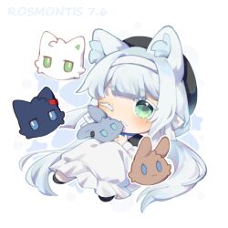 Rule 34 | 1girl, amiya (arknights), animal ears, arknights, blaze (arknights), cat ears, cat girl, character doll, character name, chibi, closed mouth, commentary, dated, doll, dress, english commentary, green eyes, grey hair, kal&#039;tsit (arknights), kuroba ying, long hair, low twintails, one eye closed, rosmontis (arknights), solo, thick eyelashes, twintails, very long hair, white dress