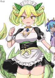 2girls apron black_dress blue_hair breasts chups detached_collar dragon_girl dragon_horns dragon_tail dragon_wings dress duel_monster eastern_dragon_horns frilled_apron frilled_hairband frilled_sleeves frills green_hair hairband highres horns japanese_clothes large_breasts laundry_dragonmaid light_blush looking_at_viewer maid maid_apron maid_headdress multiple_girls open_mouth orange_eyes parlor_dragonmaid puffy_short_sleeves puffy_sleeves short_sleeves short_twintails simple_background smile tail thighhighs twintails waist_apron white_apron white_background wings wrist_cuffs yellow_eyes yellow_thighhighs yu-gi-oh! zettai_ryouiki