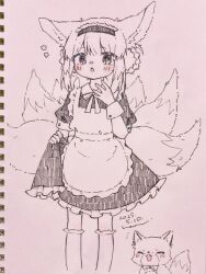 1girl alternate_costume animal_ears apron arknights blush braid dress enmaided fox fox_ears fox_girl fox_tail frilled_apron frills hair_rings hairband haru_(aona1122) kitsune kyuubi maid multiple_tails puffy_sleeves short_sleeves suzuran_(arknights) tail traditional_media
