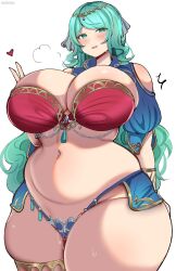 1girl aqua_hair arm_behind_back artist_name bikini blue_shrug blush breasts cleavage commission crop_top diadem green_eyes hair_ribbon harem_outfit heart jewelry large_breasts licorice_(romancing_saga_2) long_hair navel noiretox open_mouth plump ribbon romancing_saga_2 saga shrug_(clothing) skindentation solo standing sweat swimsuit thick_thighs thigh_strap thighs tiara v white_background wide_hips wrist_wrap