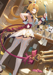 3girls :q @_@ absurdres anger_vein aqua_eyes armpit_crease bare_shoulders black_hat blonde_hair bottle bow bowl breasts bright_pupils ceiling_light chef_hat commentary_request cowlick dress drill_hair drill_sidelocks escoffier_(genshin_impact) flour from_behind genshin_impact gold_trim hair_ornament hand_on_own_hip hand_up hat hat_bow high_heels highres holding holding_spatula holding_whisk indoors jewelry kitchen long_hair long_sleeves looking_at_viewer looking_back medium_breasts milk_bottle mixing_bowl multiple_girls navia_(genshin_impact) necklace notice_lines open_mouth paimon_(genshin_impact) rx-c sidelocks skirt sleeveless sleeveless_dress spatula standing sugar_cube table tail thighhighs tongue tongue_out very_long_hair whisk white_dress white_hair white_pupils white_thighhighs wrist_cuffs