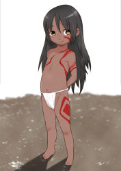 1girl arms_behind_back bodypaint closed_mouth collarbone dark-skinned_female dark_skin feet female_focus flat_chest full_body highres j7w j7w_village loincloth loli long_hair looking_at_viewer navel nipples original shadow smile solo standing tribal white_background