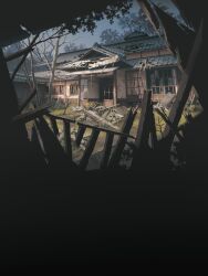 abandoned architecture bare_tree broken_glass building commentary_request dilapidated east_asian_architecture glass grey_sky highres no_humans original outdoors plank ruins scenery sky tile_roof tounami tree