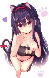 Rule 34 | 1girl, 2025, absurdres, alternate costume, animal ears, bare arms, bare shoulders, bell, black bra, black choker, black hair, black panties, blush, bow, bra, braid, breasts, cat cutout, cat ears, cat girl, cat lingerie, cat tail, choker, claw pose, cleavage, closed mouth, clothing cutout, collarbone, commentary, dated commentary, eyes visible through hair, foot out of frame, foreshortening, hair between eyes, hair intakes, hair over breasts, hairband, half up braid, hamidashi creative, hands up, heart, highres, iem960088, jingle bell, kamakura shio, kemonomimi mode, large breasts, long hair, looking at viewer, meme attire, navel, neck bell, panties, paw pose, paw print, ponytail, red bow, red eyes, red hairband, short ponytail, sidelocks, simple background, solo, split mouth, standing, standing on one leg, straight hair, tail, tail bow, tail ornament, thigh gap, underwear, v-shaped eyebrows, very long hair, white background