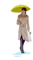 1boy bad_id bad_pixiv_id bag brown_eyes brown_hair coat ghost_in_the_shell ghost_in_the_shell:_stand_alone_complex groceries highres male_focus motz3 mullet solo spring_onion togusa_(gits) trench_coat umbrella