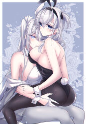 2girls alternate_costume animal_ears ass black_leotard black_pantyhose blue_eyes blush breasts cleavage closed_mouth dated fake_animal_ears fuyutsuki_(kancolle) grey_hair grey_pantyhose hair_between_eyes hair_ribbon headband highres jewelry kabocha_torute kantai_collection large_breasts leotard long_hair multiple_girls one_side_up pantyhose parted_lips playboy_bunny rabbit_ears rabbit_tail ribbon ring sitting sitting_on_lap sitting_on_person strapless strapless_leotard suzutsuki_(kancolle) tail twitter_username wedding_ring white_leotard white_ribbon wrist_cuffs yuri