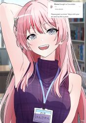 1girl arm_up armpits bang_dream! bang_dream!_it&#039;s_mygo!!!!! black_sweater blush breasts chihaya_anon commentary english_commentary fang grey_eyes highres izami_md long_hair medium_breasts open_mouth pink_hair request_inset sleeveless sleeveless_sweater smile solo sweater teeth upper_body upper_teeth_only