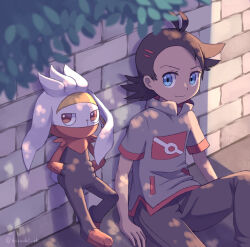 1boy antenna_hair arm_support blue_eyes brick_wall brown_hair closed_mouth commentary_request creatures_(company) day eyelashes game_freak gen_8_pokemon goh_(pokemon) grey_shirt highres ibusaki_(ivu) male_focus nintendo outdoors pants pokemon pokemon_(anime) pokemon_(creature) pokemon_journeys raboot shirt short_sleeves sitting smile