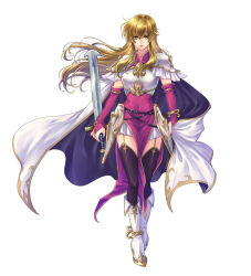 Rule 34 | 1girl, anklet, armor, bangle, black thighhighs, blonde hair, boots, bracelet, breastplate, breasts, bridal gauntlets, cape, elbow gloves, faulds, fire emblem, fire emblem: genealogy of the holy war, floating hair, fold-over boots, full body, gloves, hair between eyes, highres, holding, holding sword, holding weapon, jewelry, knee boots, lachesis (fire emblem), long hair, looking at viewer, medium breasts, nintendo, pelvic curtain, pink gloves, reverse grip, shoulder armor, simple background, solo, standing, sword, thighhighs, toriko momomo, weapon, white armor, white background, white boots, white cape, wind, yellow eyes, zettai ryouiki